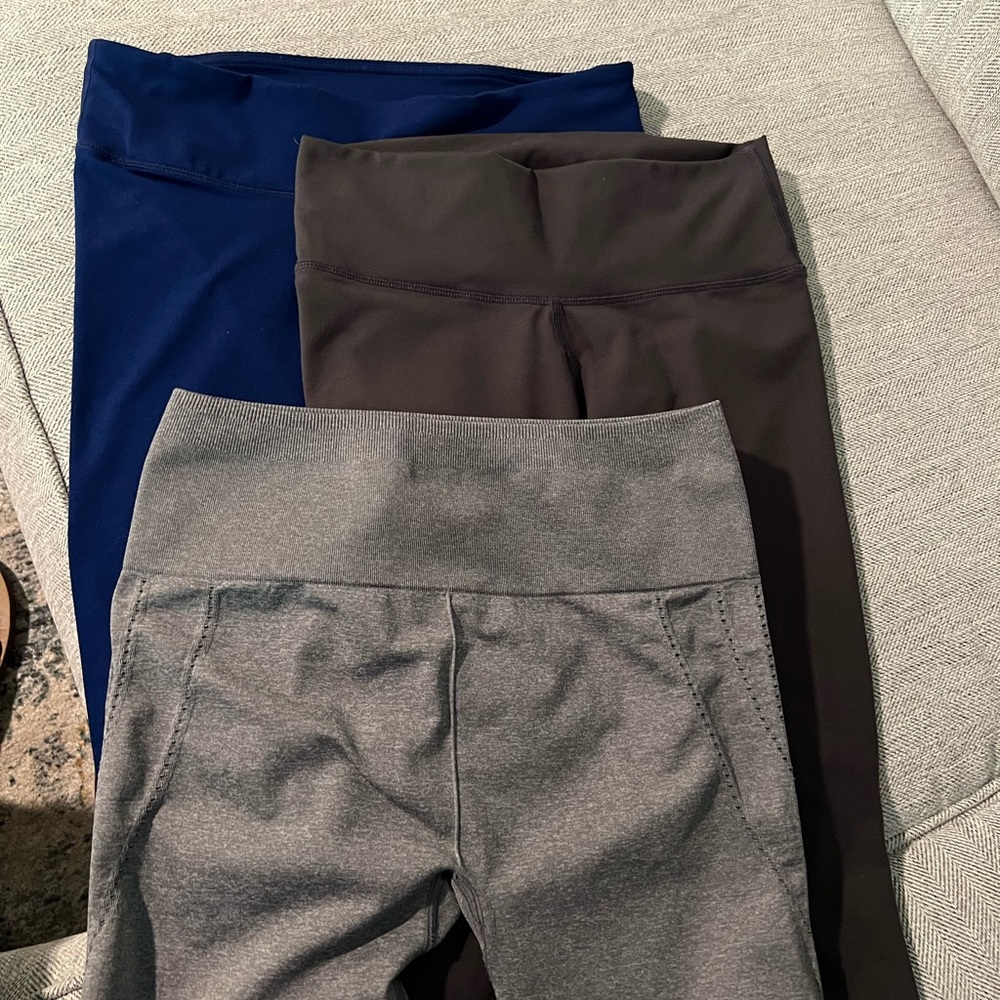 3 pair Fabletics leggings-deep blue, charcoal gray and light gray.  Price below.